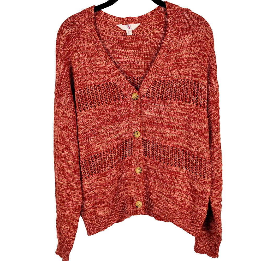 NWT Womens L Pointelle Button Cardi Orange Spiced Cider Boho Cottagecore